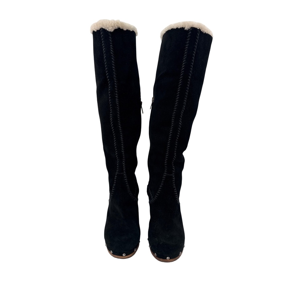 UGG Tall Clog Boots Womens 8 Black Suede Shearling Lillian Wood Heel Studded